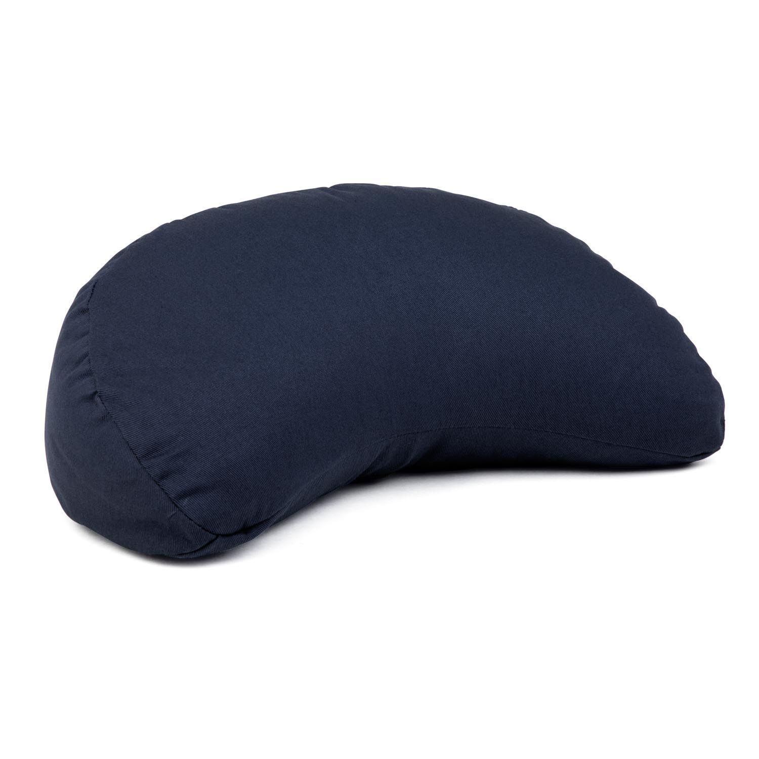 Donkerblauw maanvormig meditatiekussen, schuin zijaanzicht.