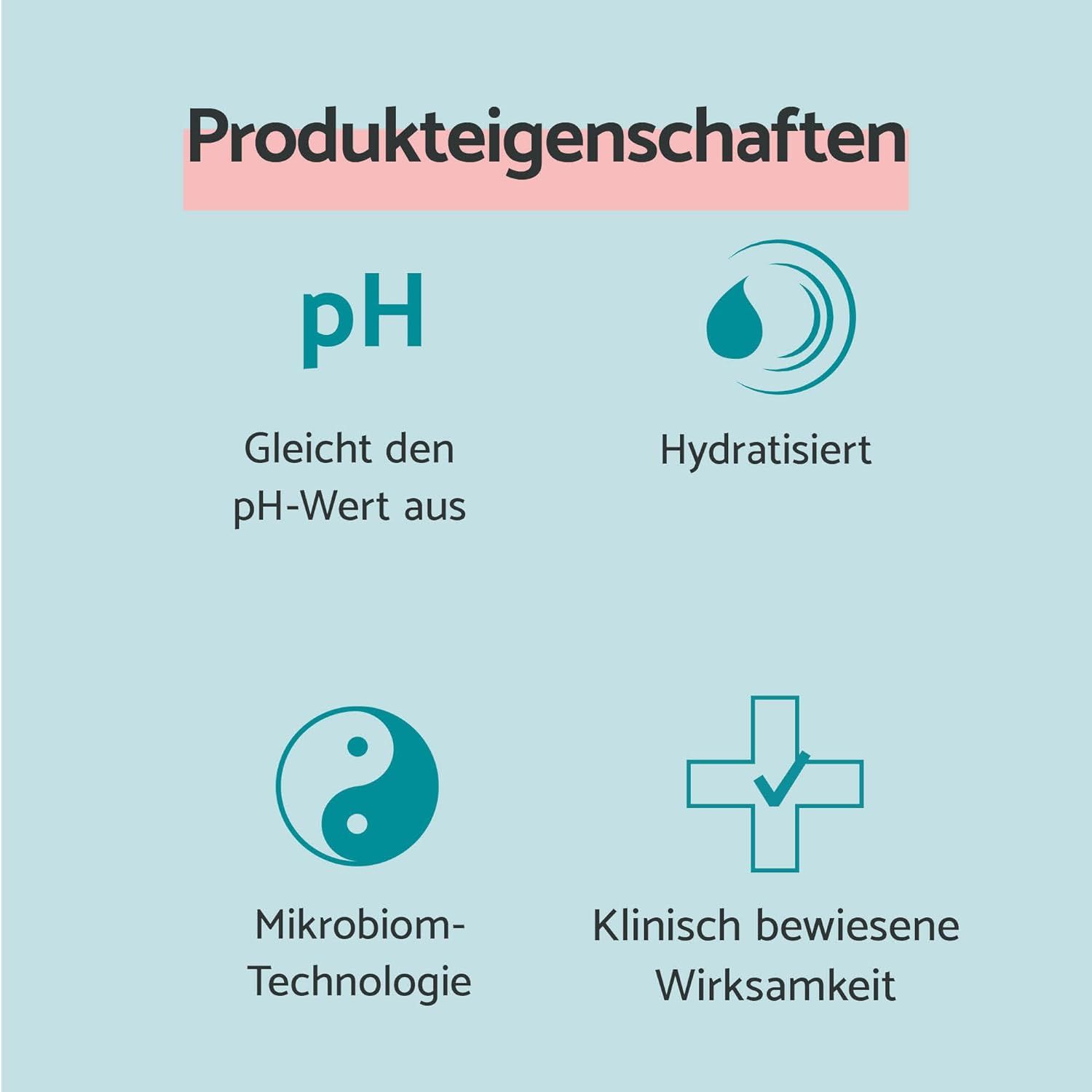 Propriétés du produit : pH, hydratation, technologie microbiome, cliniquement prouvé.