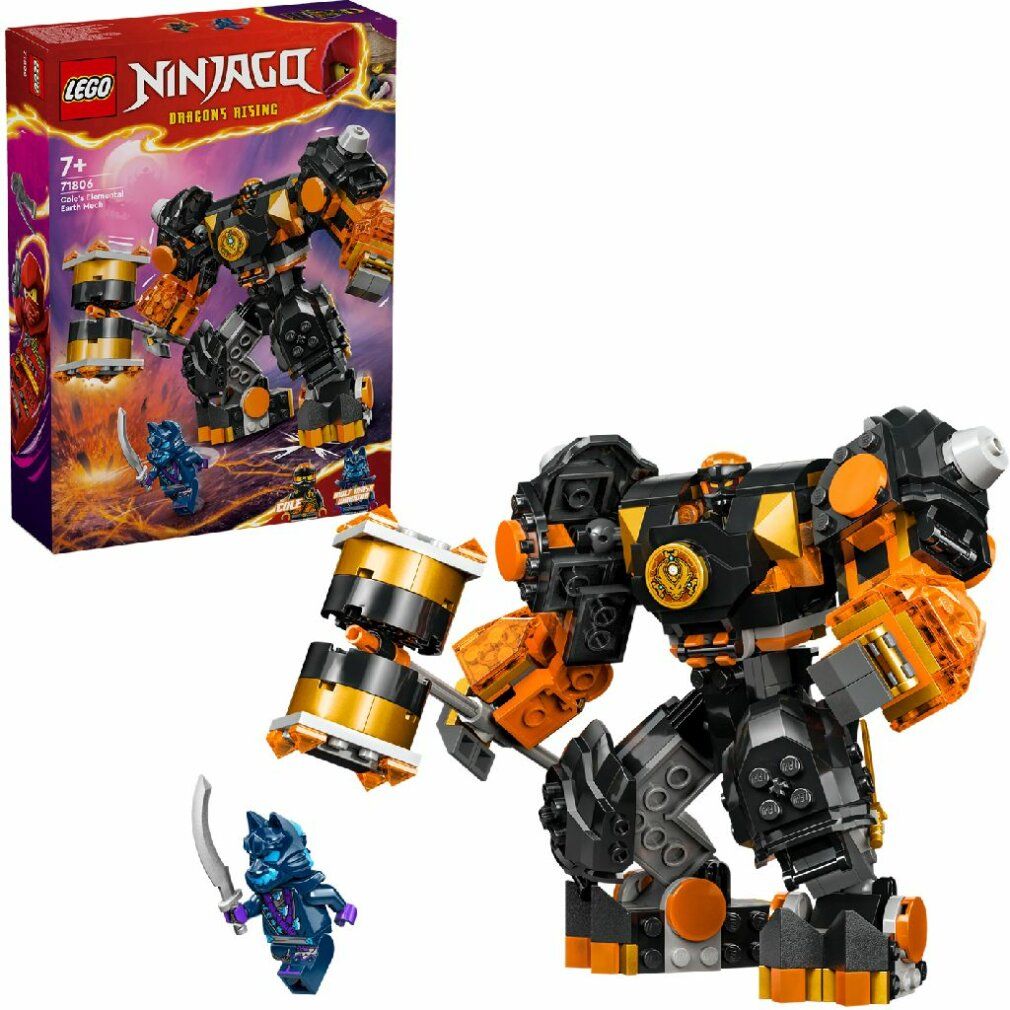 LEGO NINJAGO Mech Elemento di Terra di Cole. Robot met accessoires en figuur. Verpakking op de achtergrond.