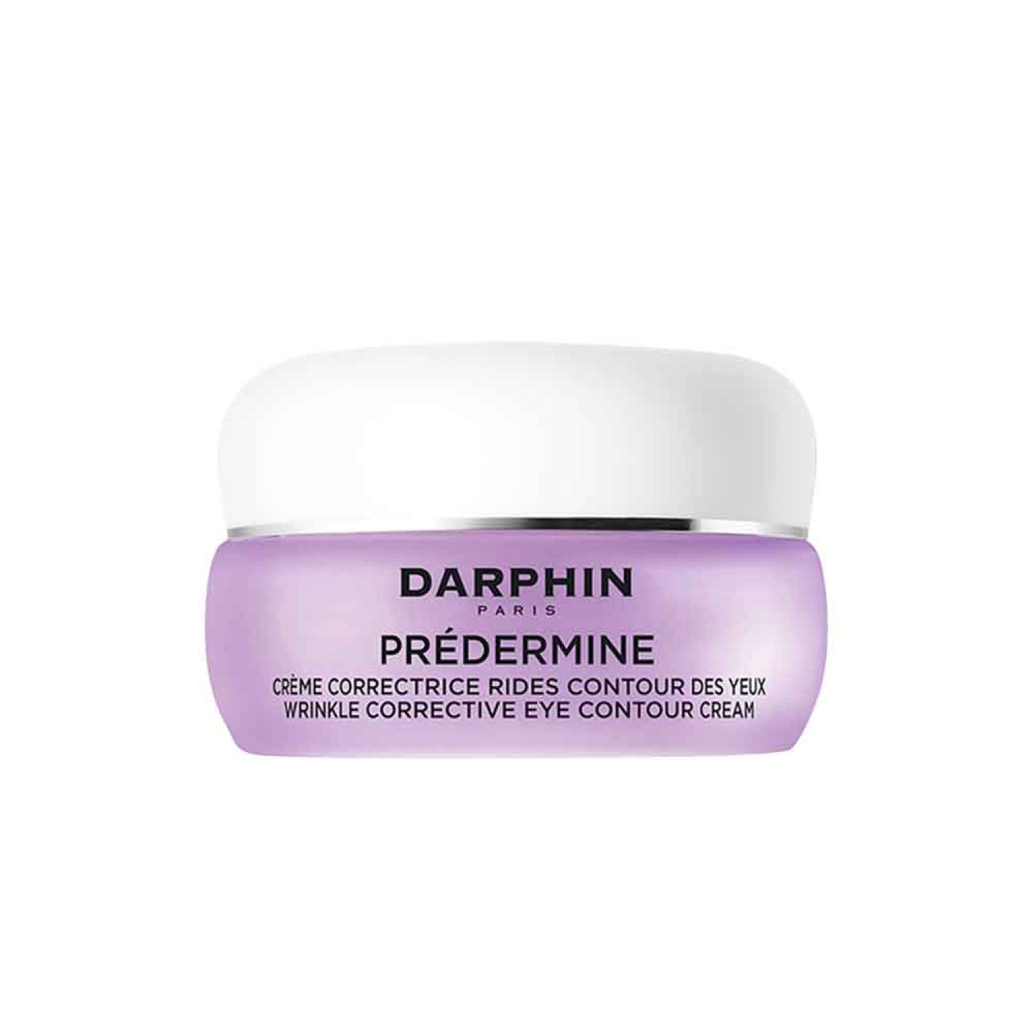 Pot de crème avec couvercle blanc et corps violet. Inscription: Darphin, Préderrmine, Crème Correctrice Rides Contour des Yeux, Wrinkle Corrective Eye Contour Cream.