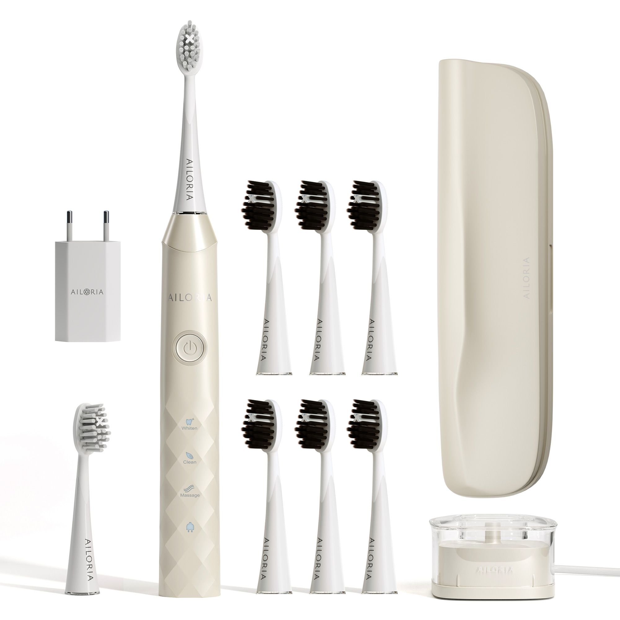 Brosse à dents électrique avec accessoires. Comprend chargeur, têtes de rechange, étui de voyage et socle. Beige.