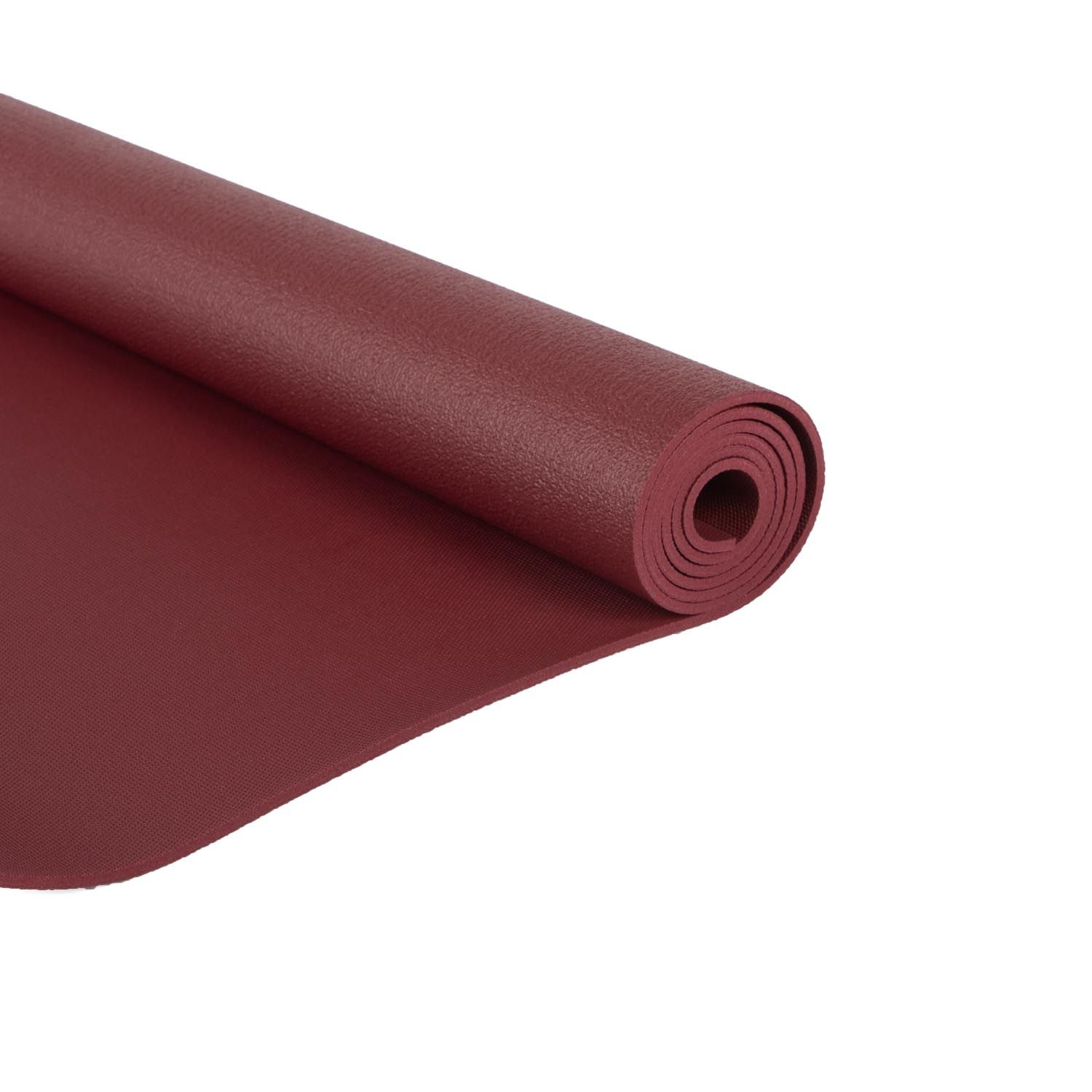 Bordeaux yogamat, opgerold. Detail van de opgerolde rand.