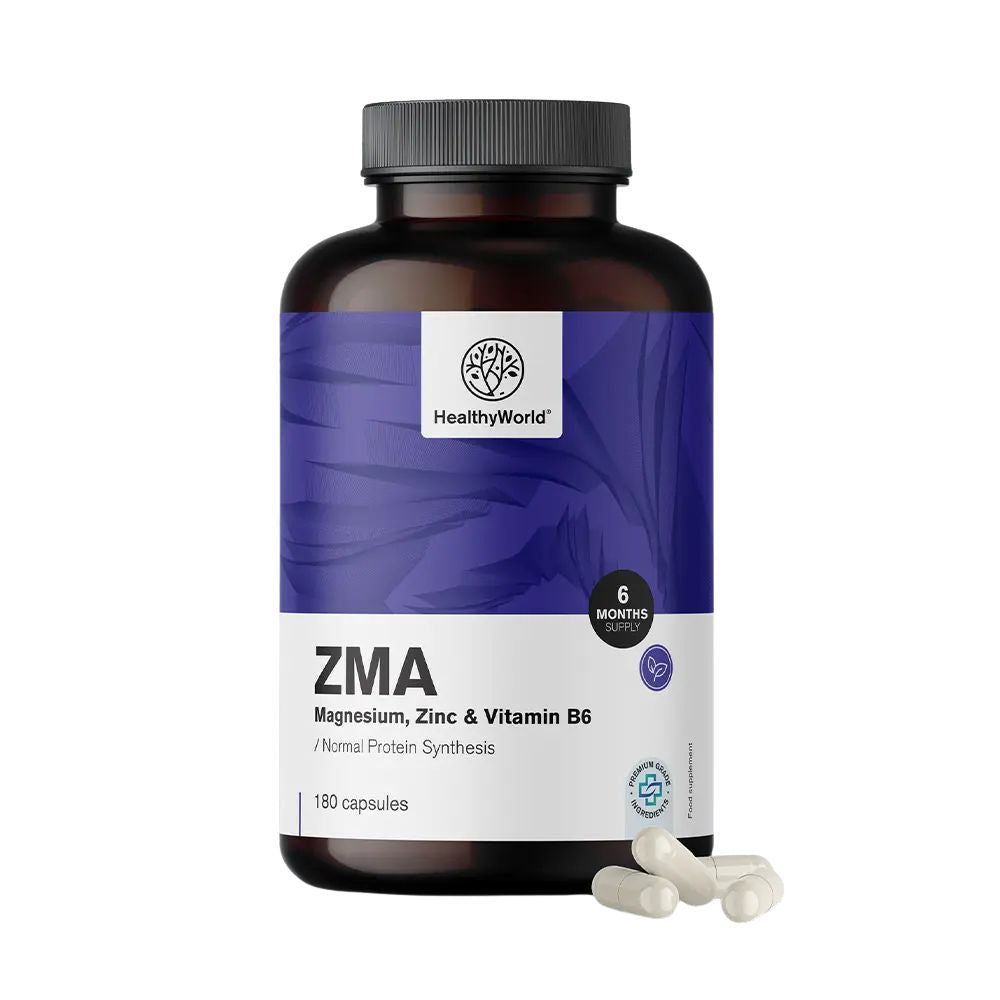 Bruine fles met blauw etiket. Opschrift: ZMA, Magnesium, Zink & Vitamine B6. 180 capsules. Enkele capsules ernaast. Zegel.