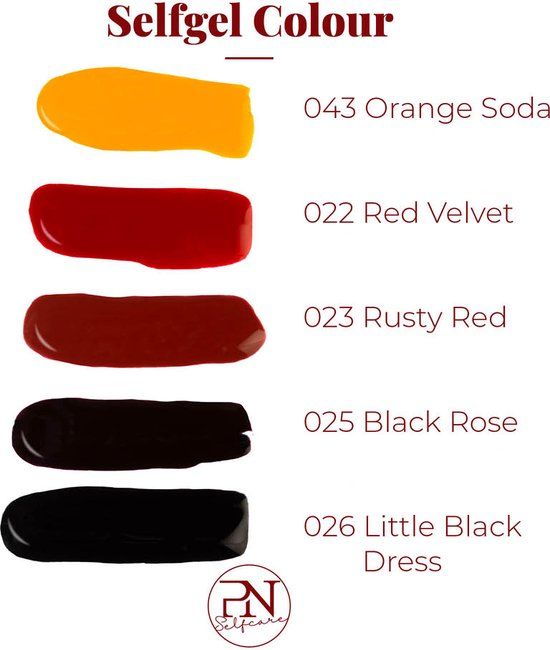 Palette de couleurs PN Selfgel Colour. Couleurs : Orange Soda, Red Velvet, Rusty Red, Black Rose, Little Black Dress. Logo PN Selfcare.
