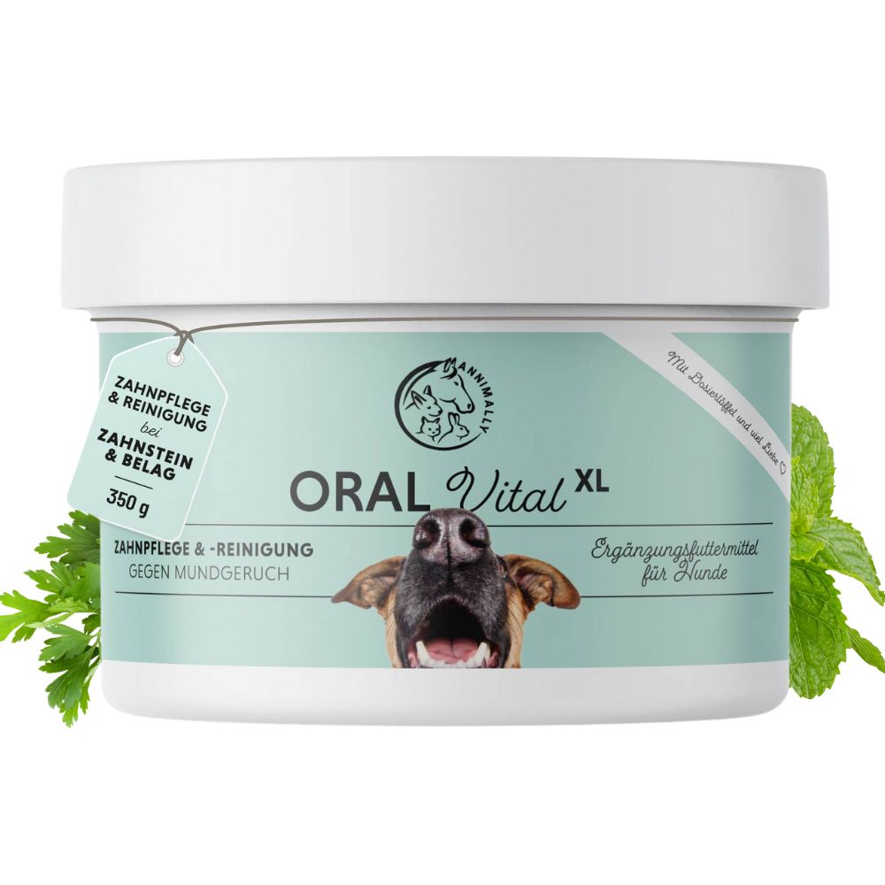 Pot met product. Opschrift: Oral Vital XL. Aanvullend diervoeder voor honden. 350 g. Logo hond en paard.