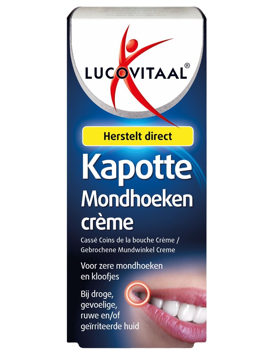 Verpakking van Lucovitaal crème voor gescheurde mondhoeken. Blauwe doos met productnaam en illustratie.