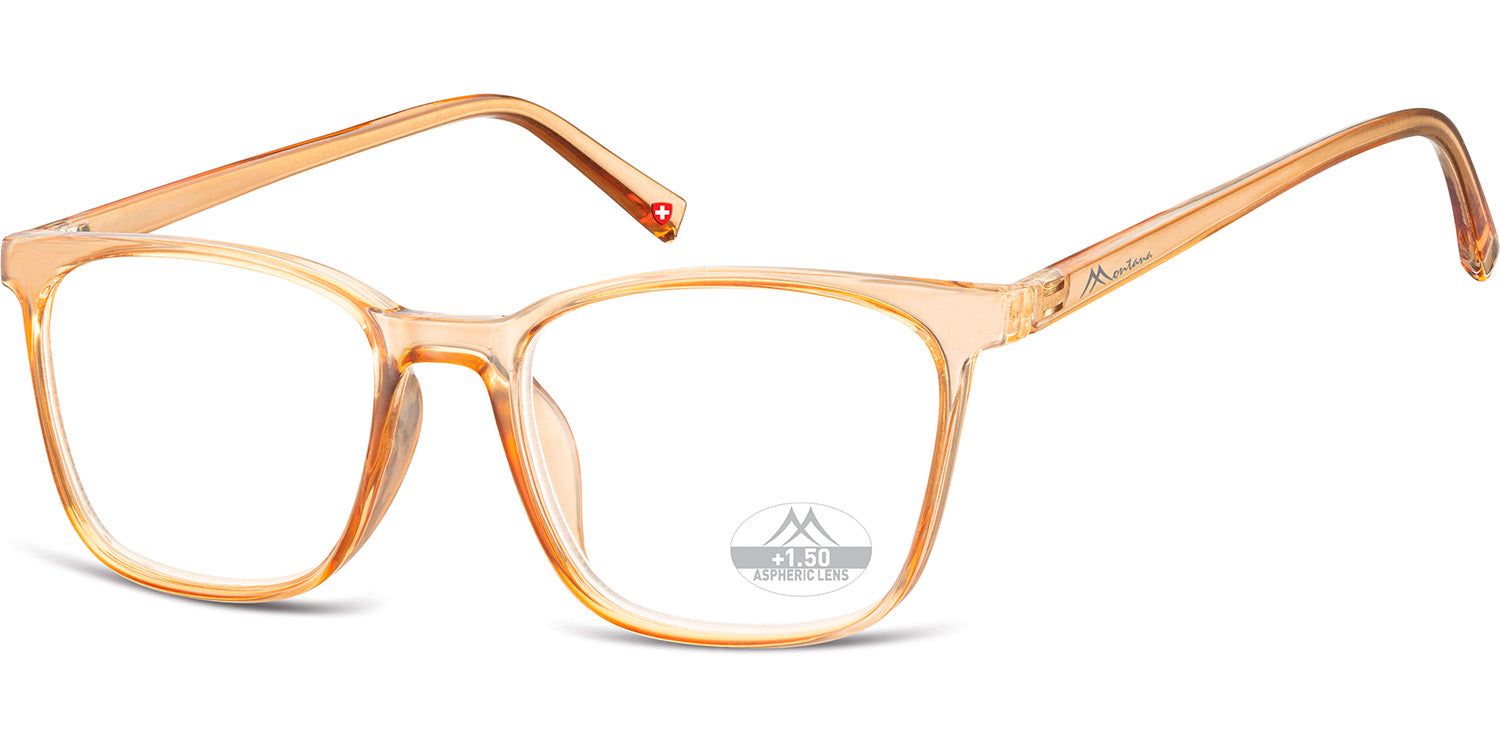 Lunettes à monture beige transparente. Verres rectangulaires. Logo et texte sur le verre.