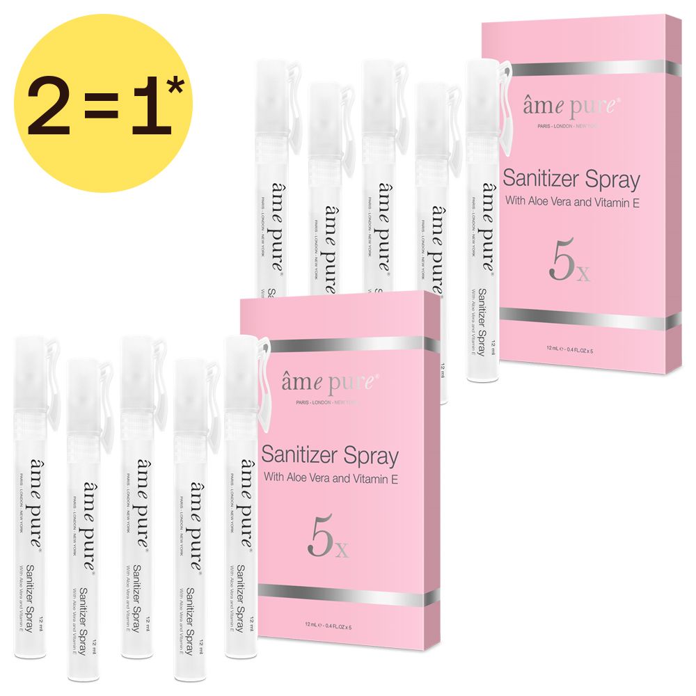 Vijf flesjes van 12 ml âme pure Sanitizer Spray met Aloë Vera en Vitamine E, in een roze verpakking.
