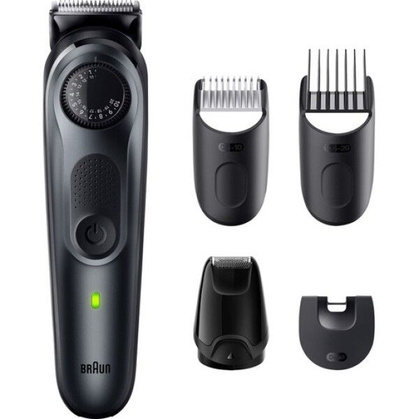 Tondeuse à barbe noire avec plusieurs sabots. Molette de réglage, bouton marche/arrêt, logo Braun.