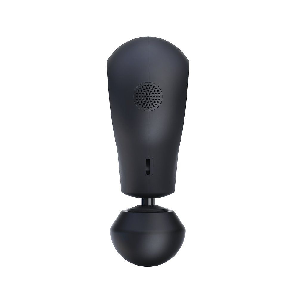 Zwarte massager met ronde kop. Achterkant met luidsprekeropeningen.
