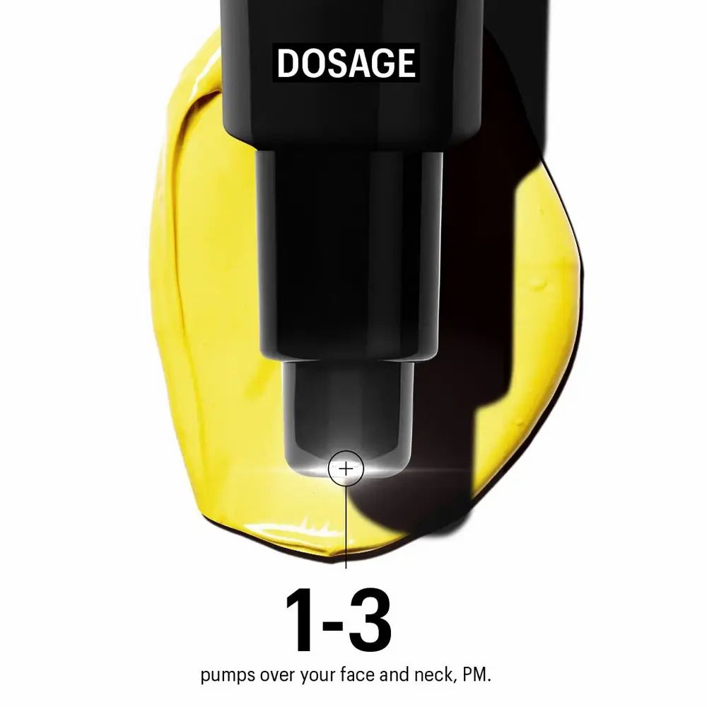 Tube noir avec instructions de dosage. 1-3 pompes pour le visage et le cou, le soir.
