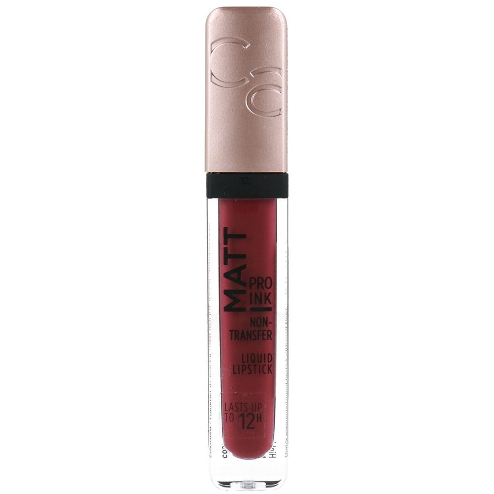 Rouge à lèvres liquide dans un tube transparent avec bouchon or rose. Texte: MATT PRO INK, NON-TRANSFER, LIQUID LIPSTICK, LASTS UP TO 12H.