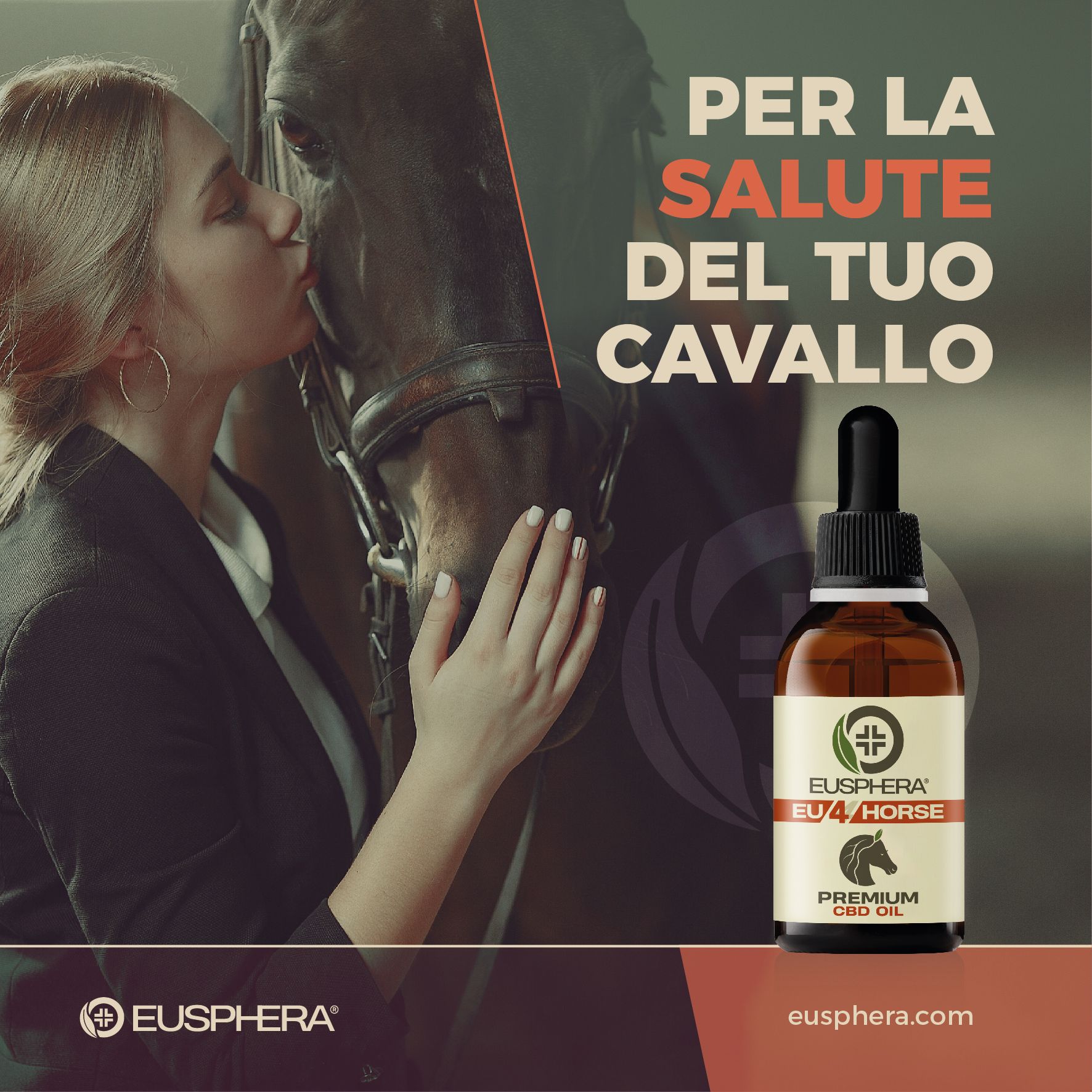 Vrouw kust paard. Daarnaast fles met druppelaar. Opschrift EU4HORSE, Premium CBD Oil. Tekst: Voor de gezondheid van je paard.
