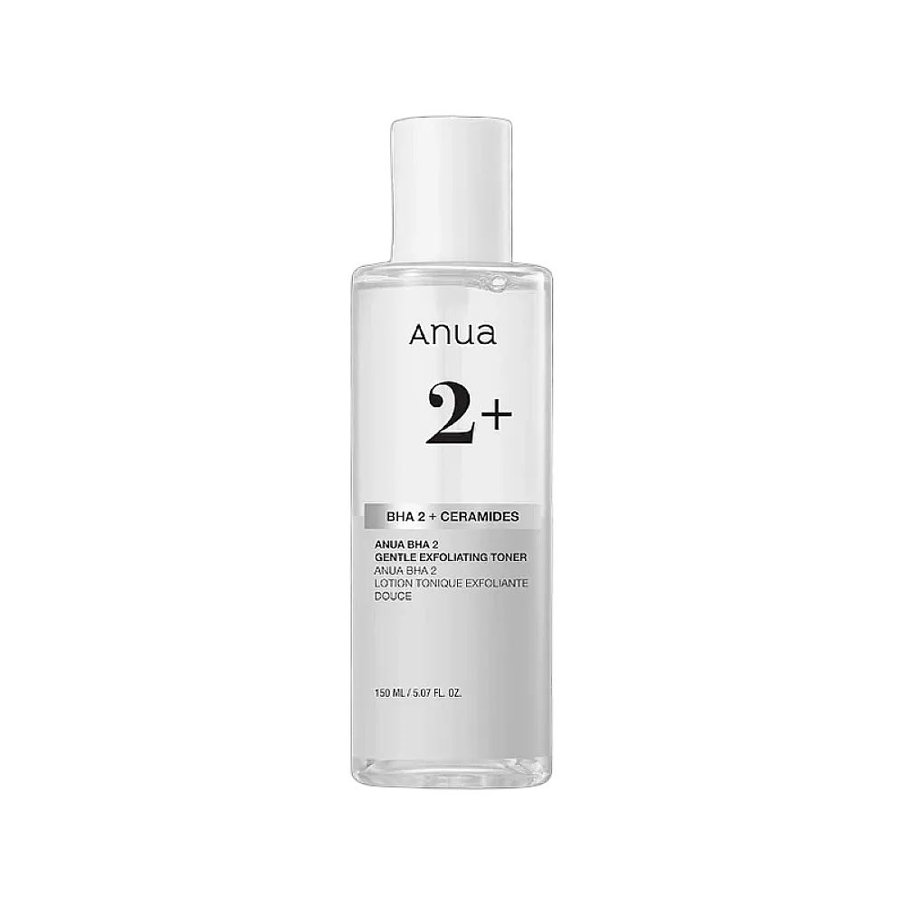 ANUA BHA 2% Gentle Exfoliating Toner in een heldere fles met witte dop.