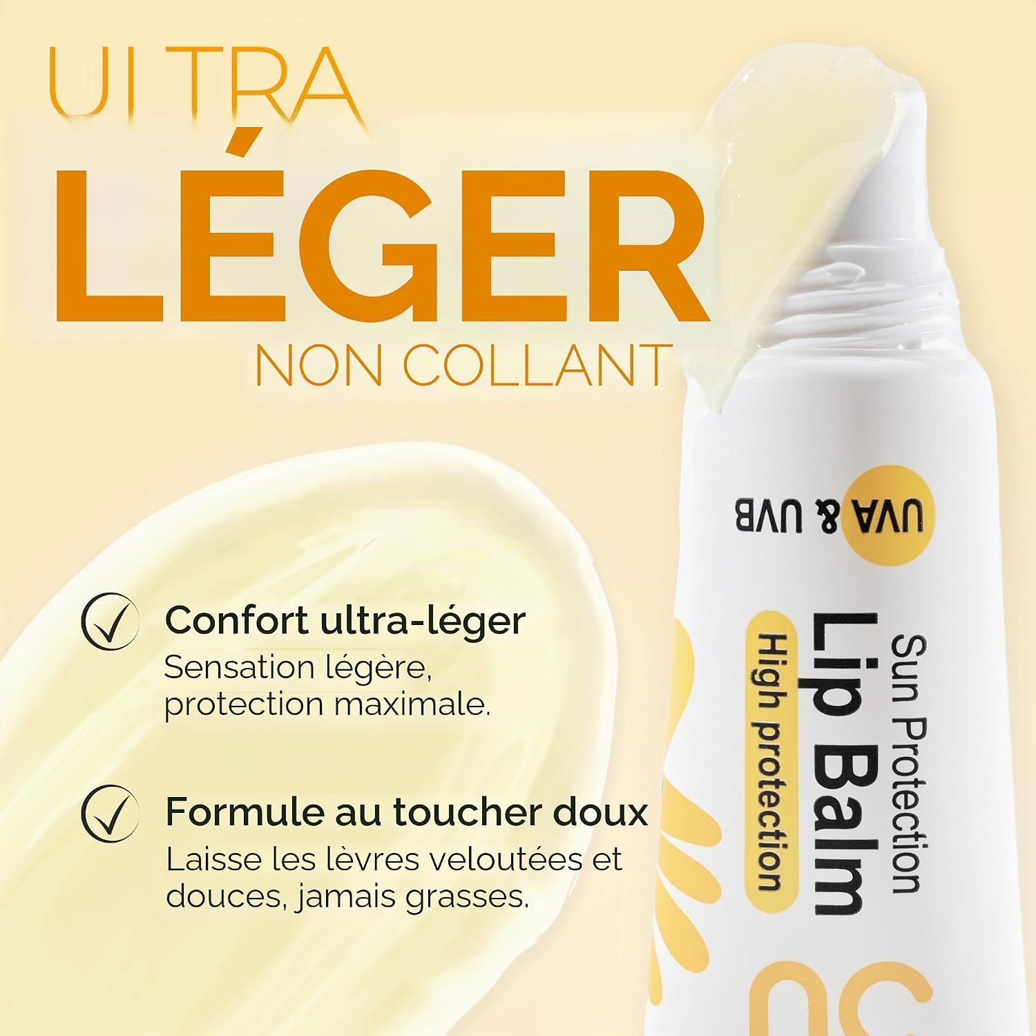 Un tube blanc avec un capuchon dévissé révélant un baume jaune pâle. Texte : 'Sun Protection Lip Balm High protection'.