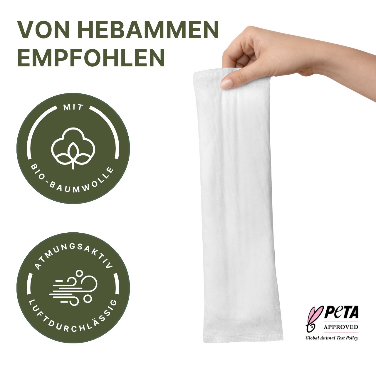 Main tenant une protection post-partum MyClarella®. Recommandé par les sages-femmes. Coton biologique. Respirant.