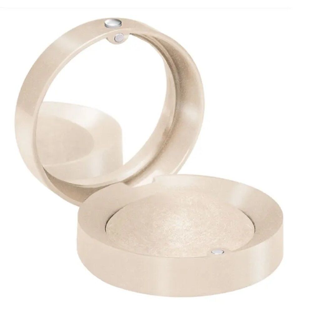 Boîtier de fard à paupières rond beige clair avec miroir. Le couvercle est ouvert, révélant le fard à paupières blanc.