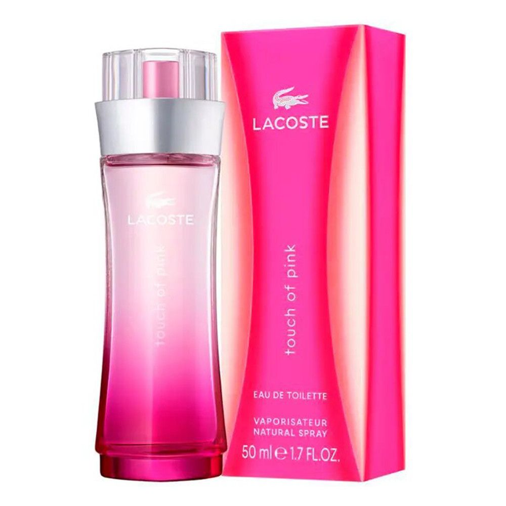 Roze Lacoste Touch of Pink fles met zilveren dop. Roze doos met logo en tekst. Verstuiver.