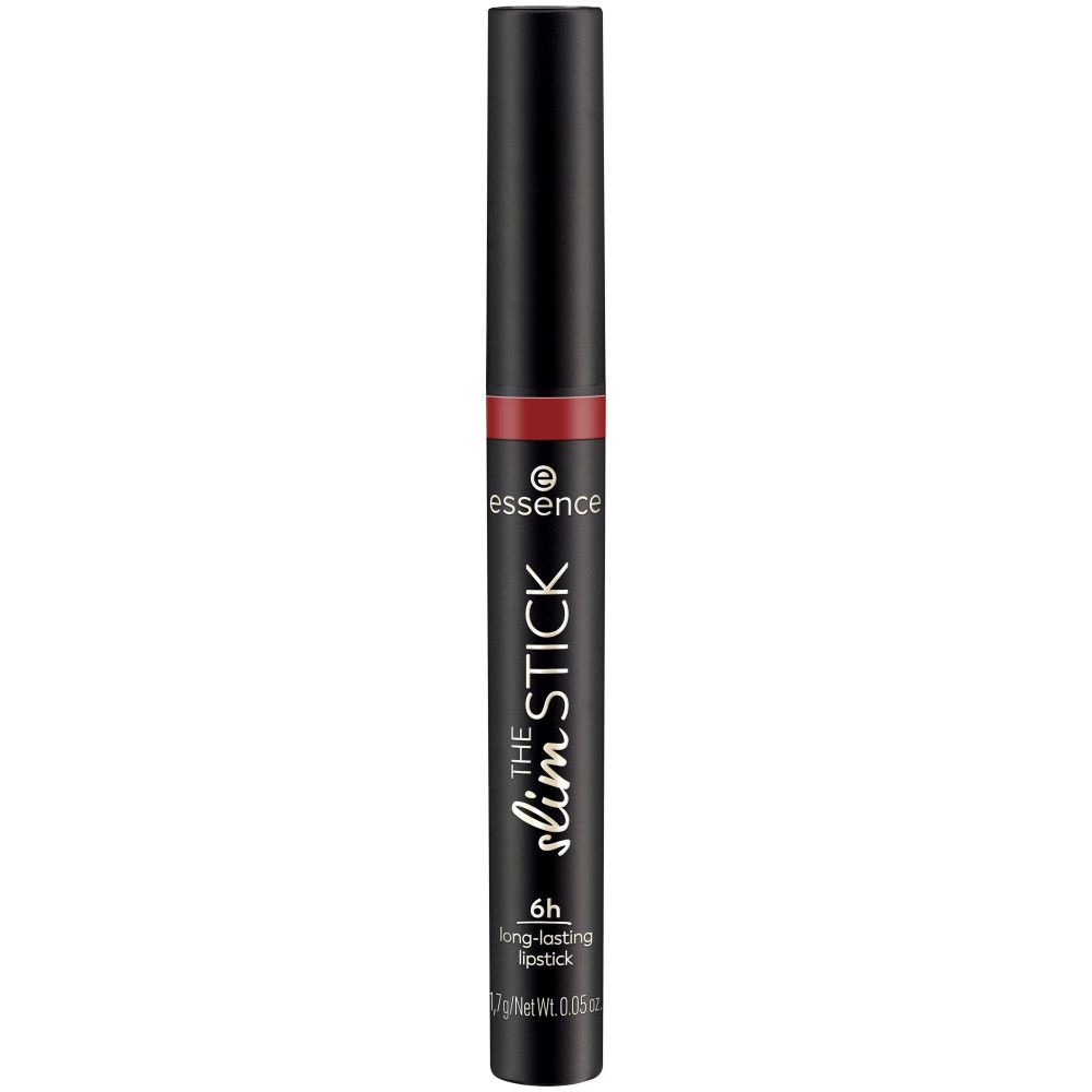 Rouge à lèvres Essence The Slim Stick, étui noir, rouge à lèvres visible.