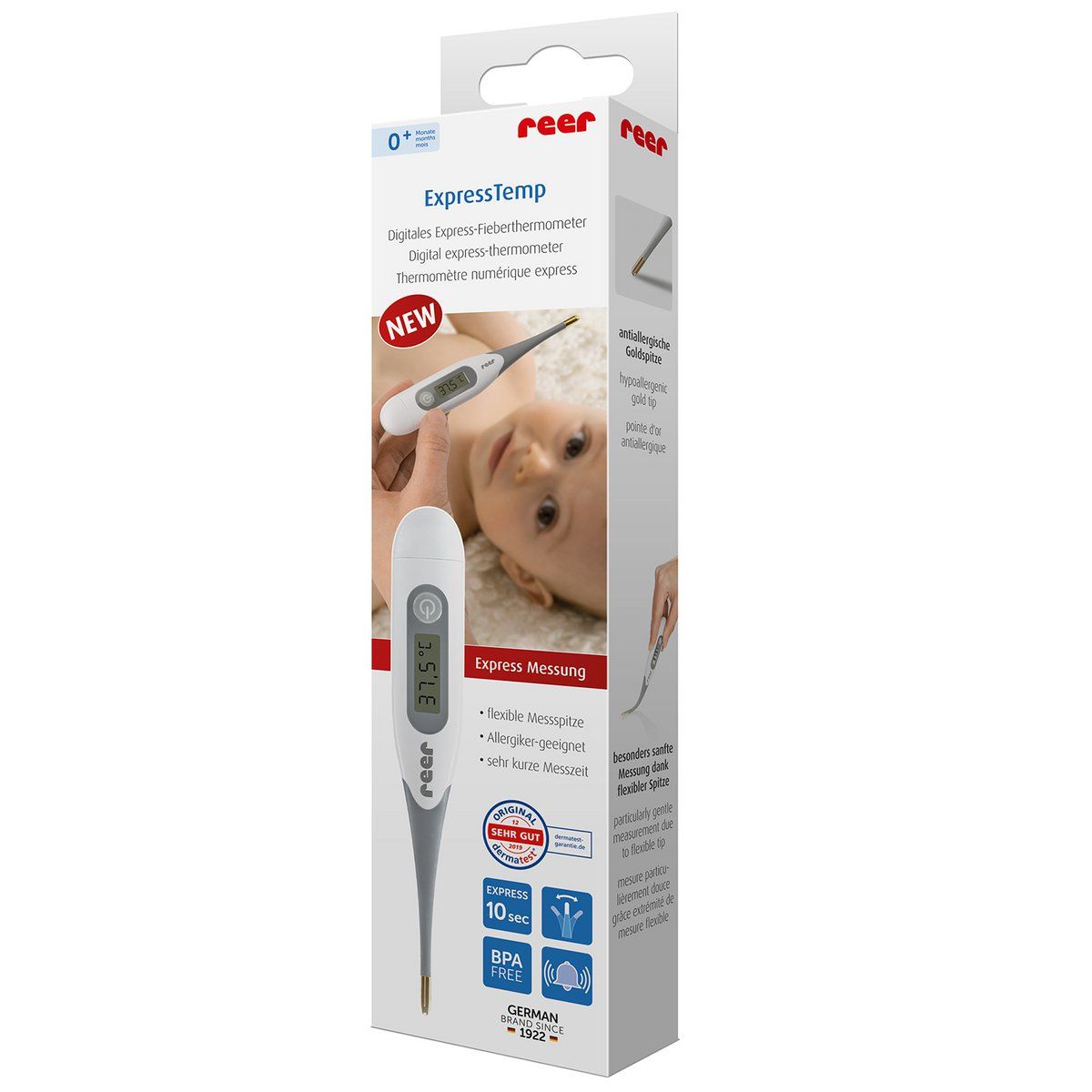 Emballage du thermomètre numérique. Nom du produit : ExpressTemp. Marque : reer. Contient une image d'un bébé et du thermomètre.