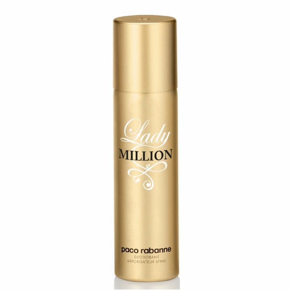 Gouden deodorant spray van Paco Rabanne Lady Million. Met witte tekst Lady Million en Paco Rabanne.