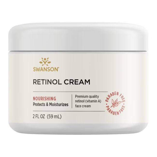 Witte pot SWANSON Retinol Crème. Opschrift: Retinol Cream, 2 FL OZ (59 ml), Paraben Free.