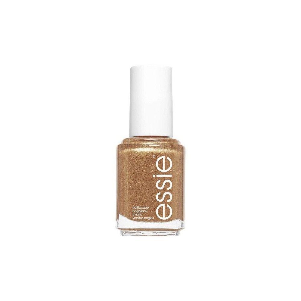 Essie nagellakflesje. Gouden lak, witte dop. Essie logo op flesje. Vierkante vorm.