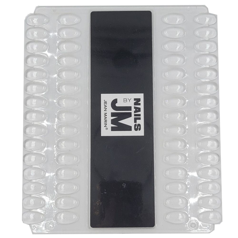 Nagellak kleurenkaart met transparante nagel tips. Zwart middendeel met "JM BY NAILS" logo. Jean Marin.