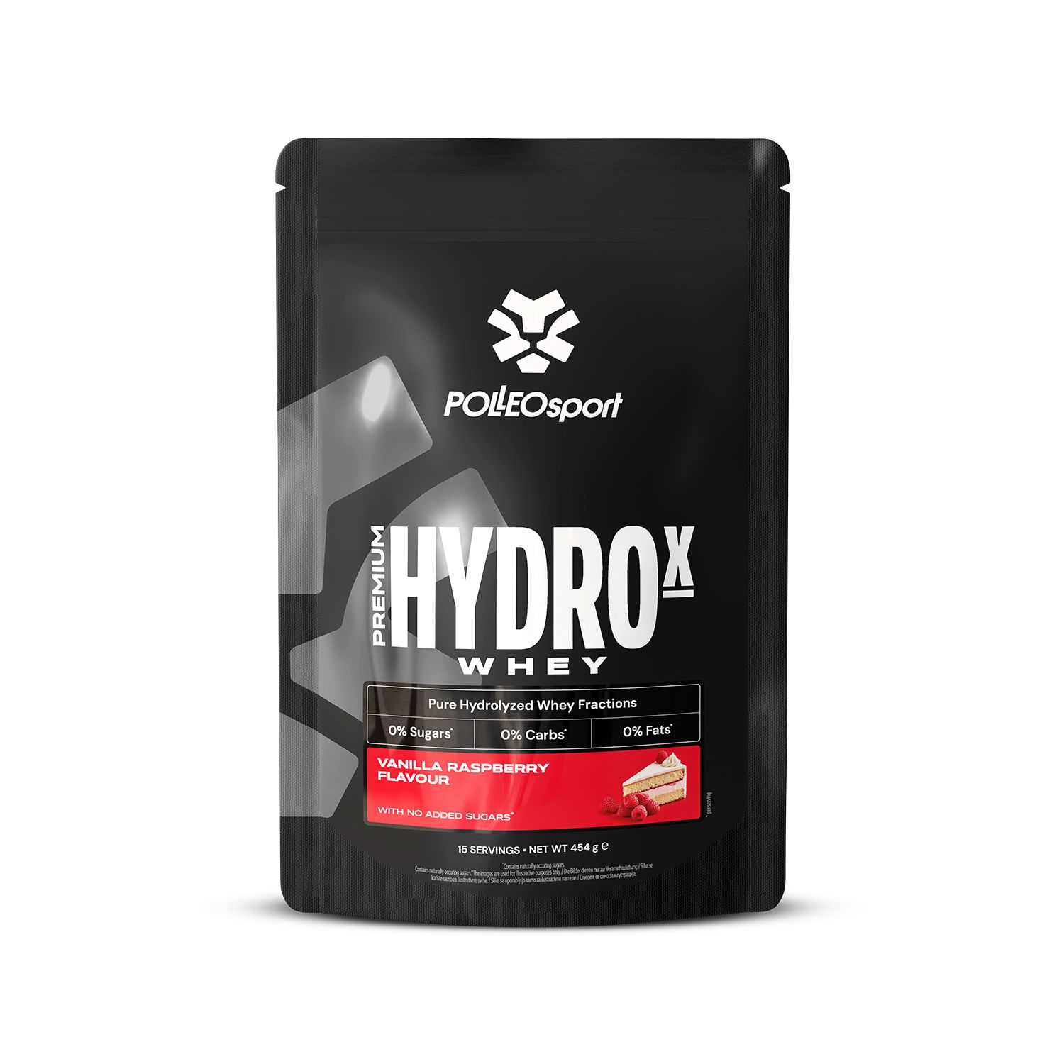 Zwarte verpakking "HYDROX Whey". Smaak: Vanille-framboos. 0% suiker, 0% koolhydraten, 0% vet. Merk: PolleoSport.