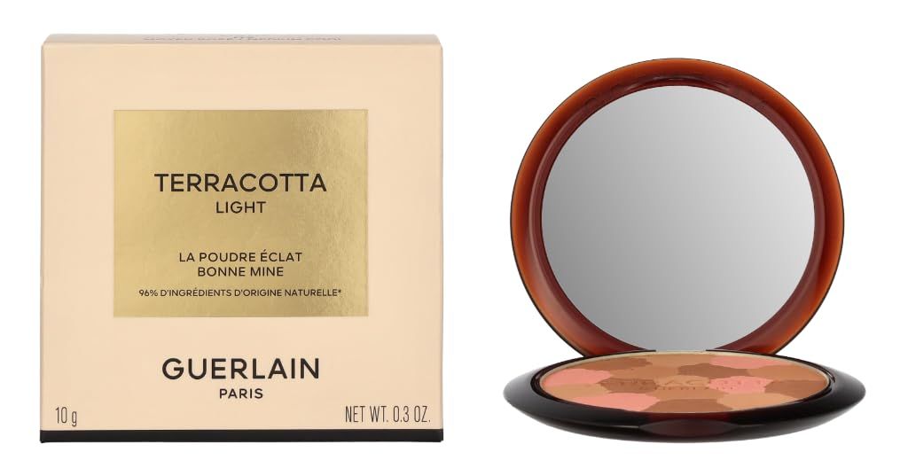 Emballage produit et poudre bronzante. Emballage beige et boîtier compact rond avec miroir.