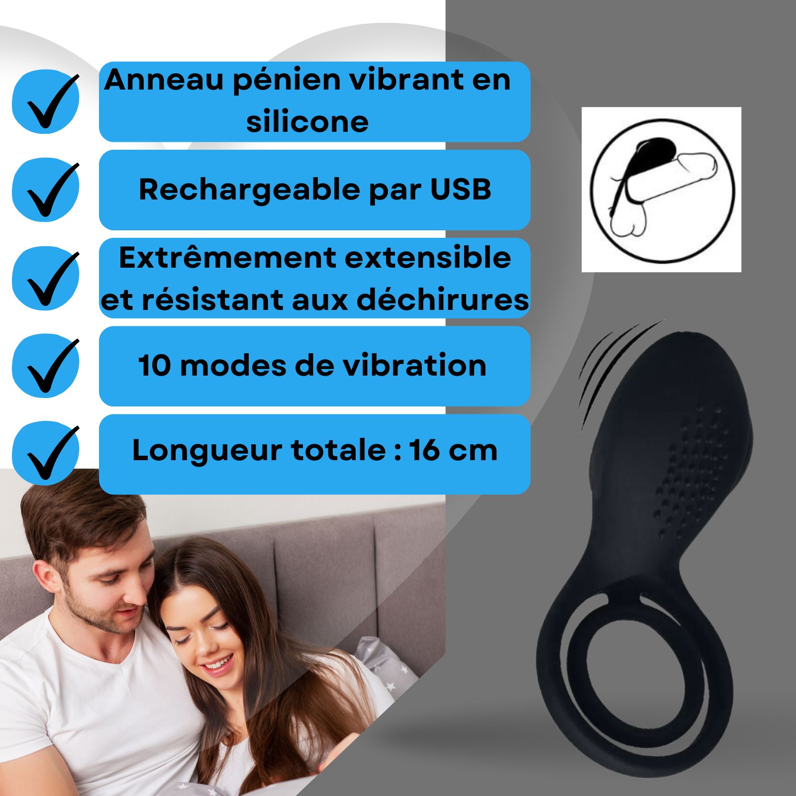 Anneau pénien vibrant. Texte: Rechargeable USB, 10 modes, 16cm.