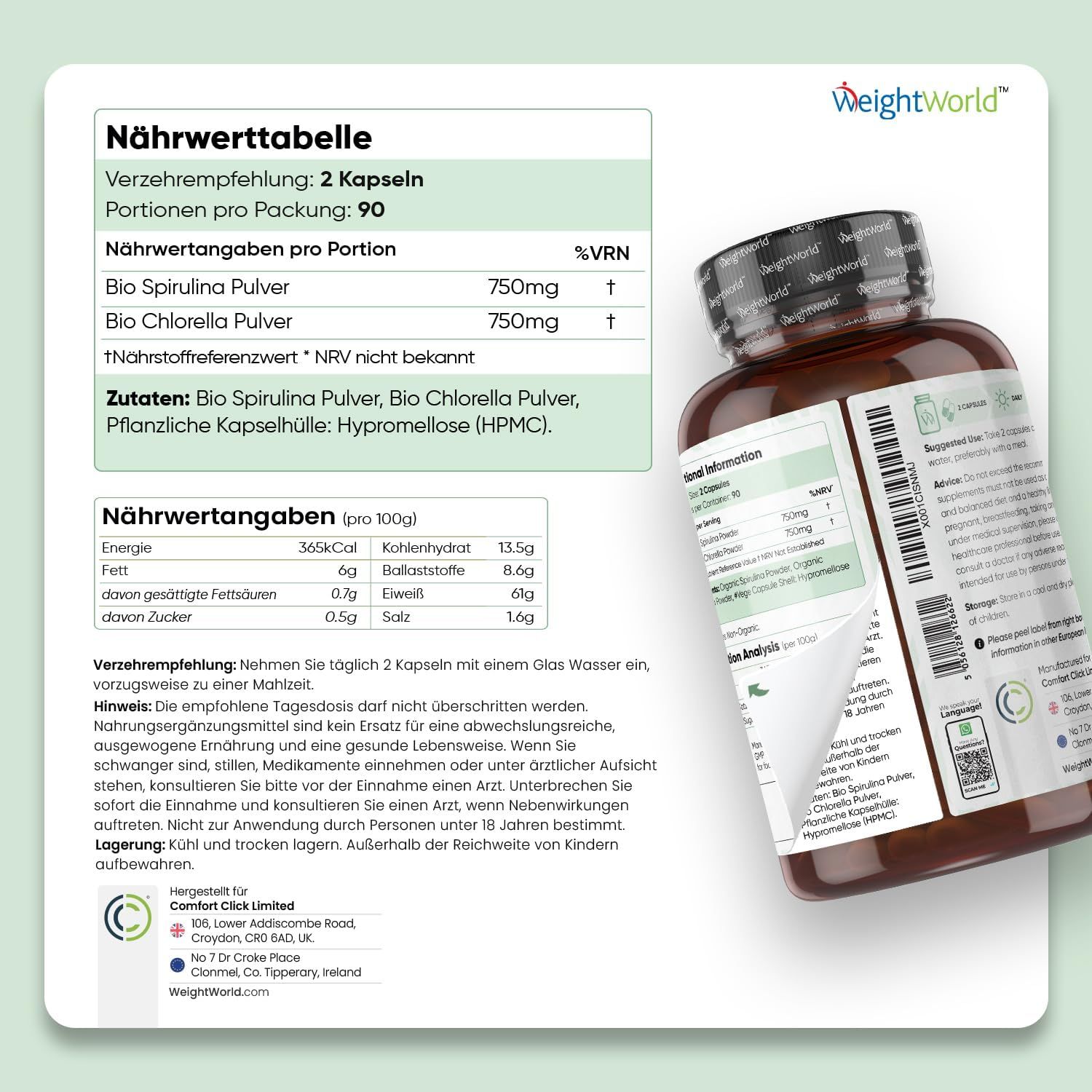 Tableau nutritionnel et flacon. Informations sur les valeurs nutritionnelles, les ingrédients et les recommandations. Texte : Prendre 2 gélules avec de l'eau.