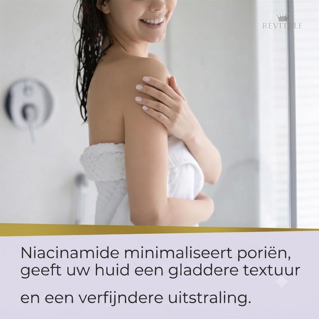 Vrouw met nat haar, in een handdoek gewikkeld, raakt haar schouder aan.