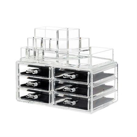 Organisateur de maquillage transparent avec 6 tiroirs et 18 compartiments. Rectangulaire, en acrylique. Fonds de tiroirs noirs.