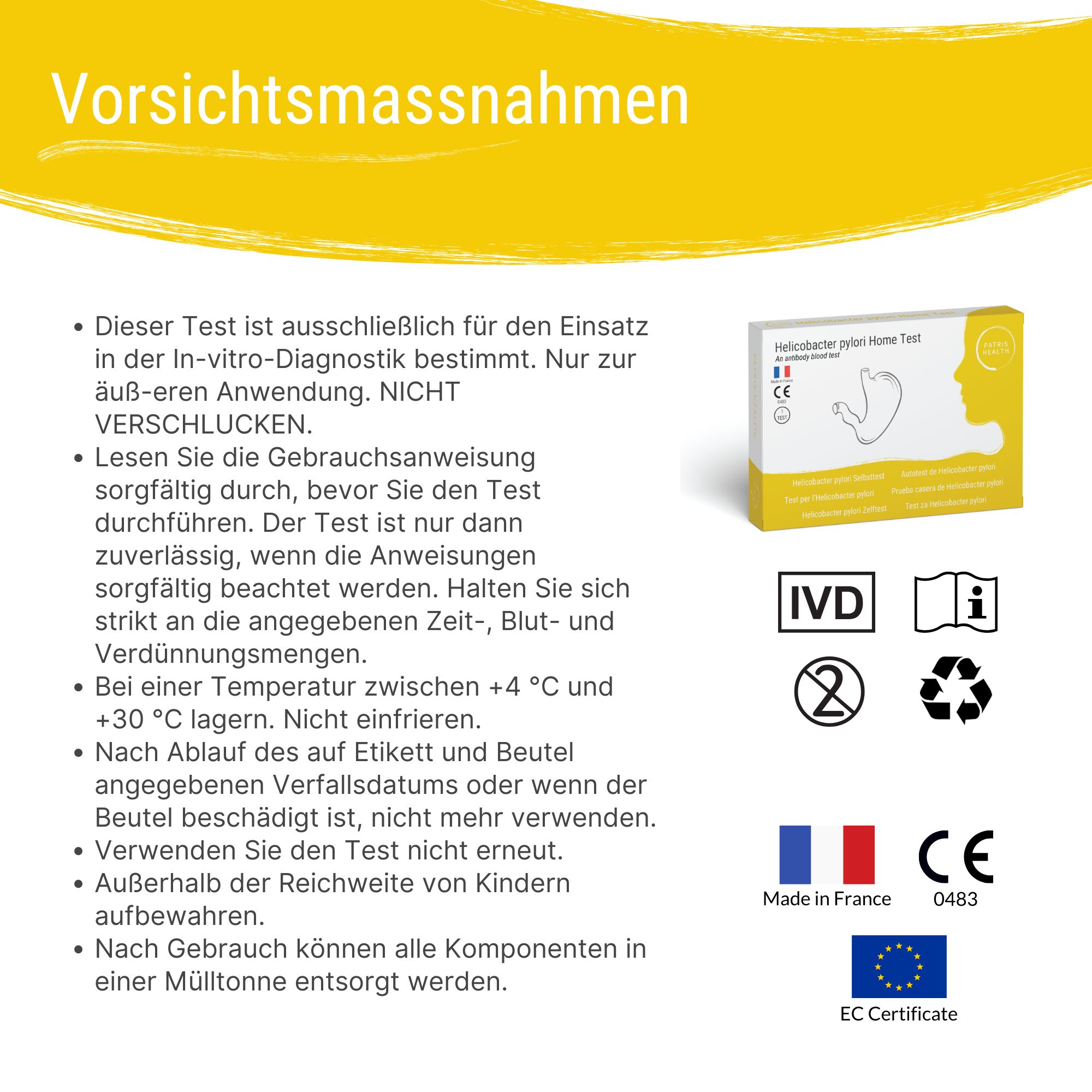 Voorzorgsmaatregelen voor de test. Informatie over gebruik, opslag en verwijdering. Patris Health logo.