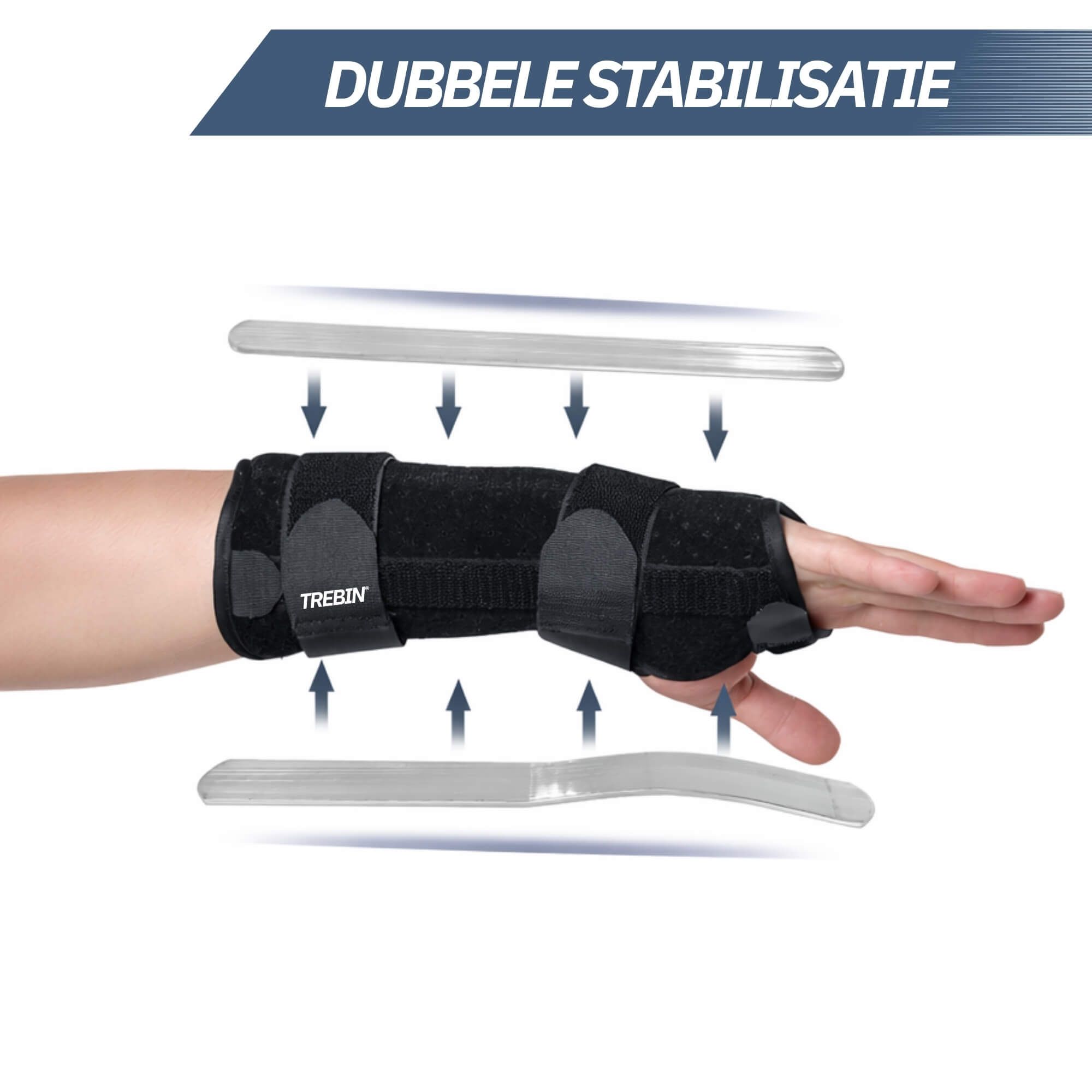 Zwarte polsbrace met twee stabiliserende metalen spalken.