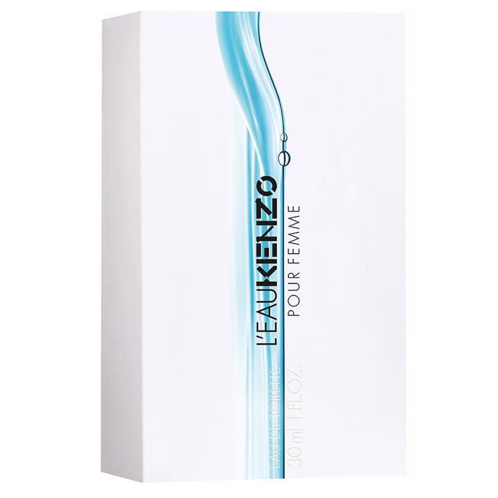 L'Eau Kenzo Eau de Toilette Pour Femme flesje en verpakking. Flesje helder, rechthoekig. Doos wit met blauwe golf.