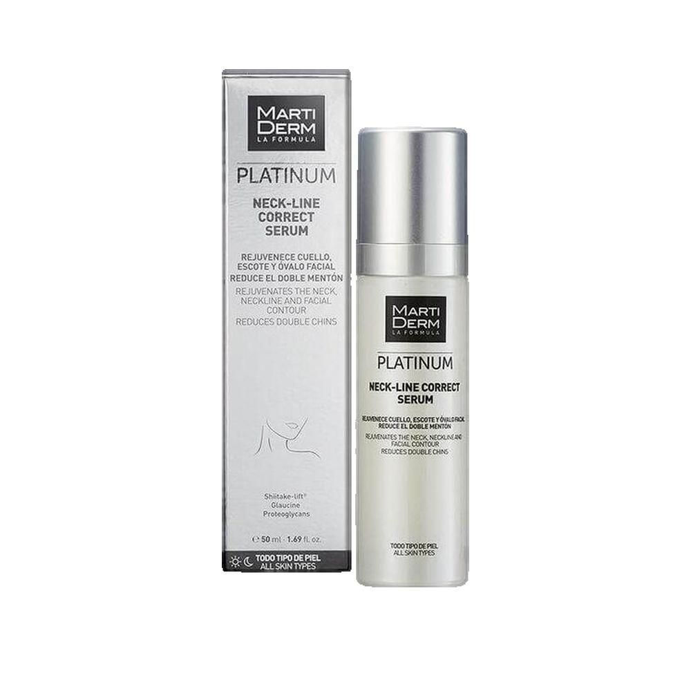 Sérum Martiderm Platinum, flacon et emballage. Bouchon argenté, étiquette blanche avec texte. Pour visage et cou.