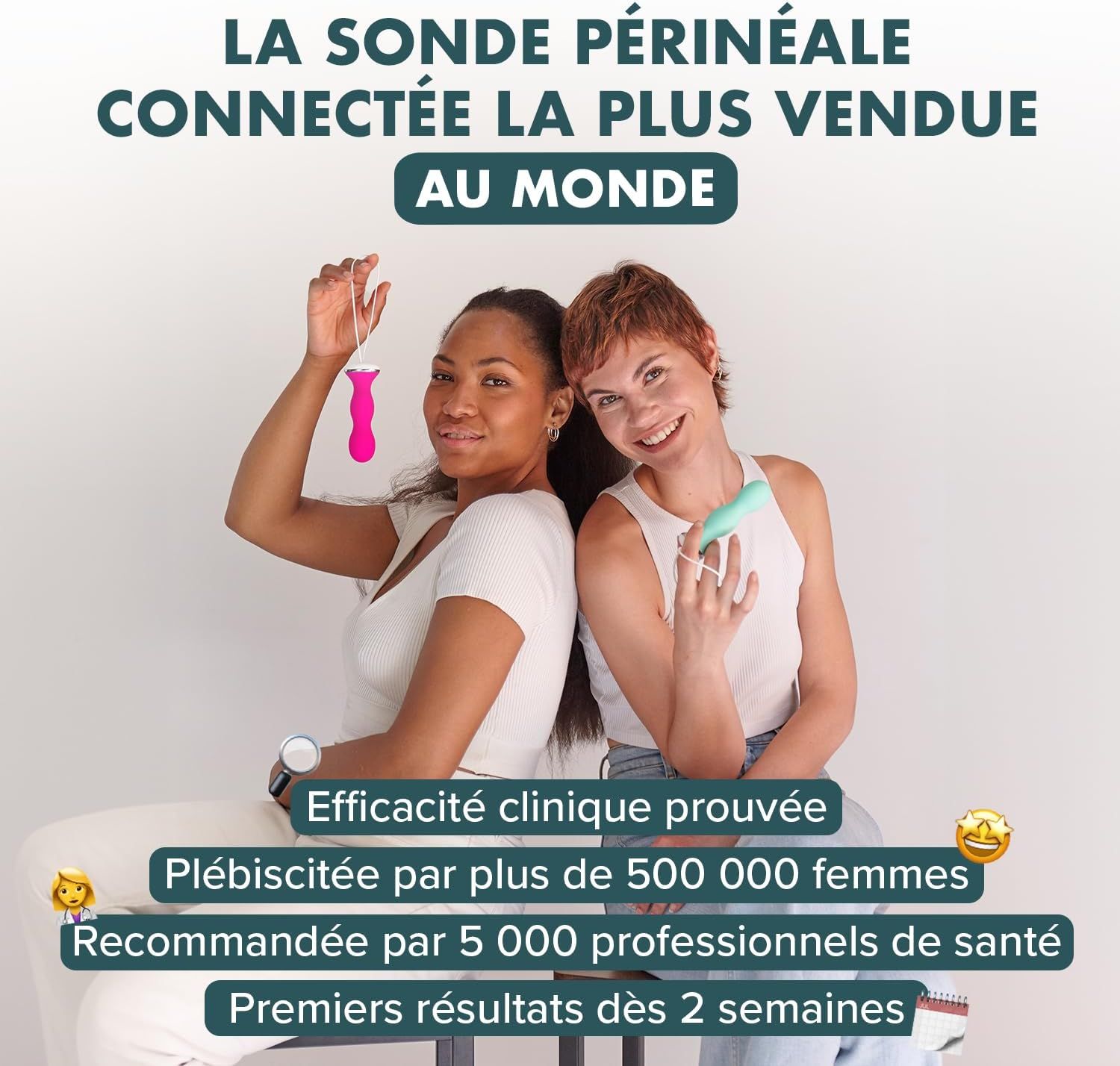 Deux femmes avec des stimulateurs périnéaux Perifit Care, efficacité prouvée, recommandés par des professionnels.