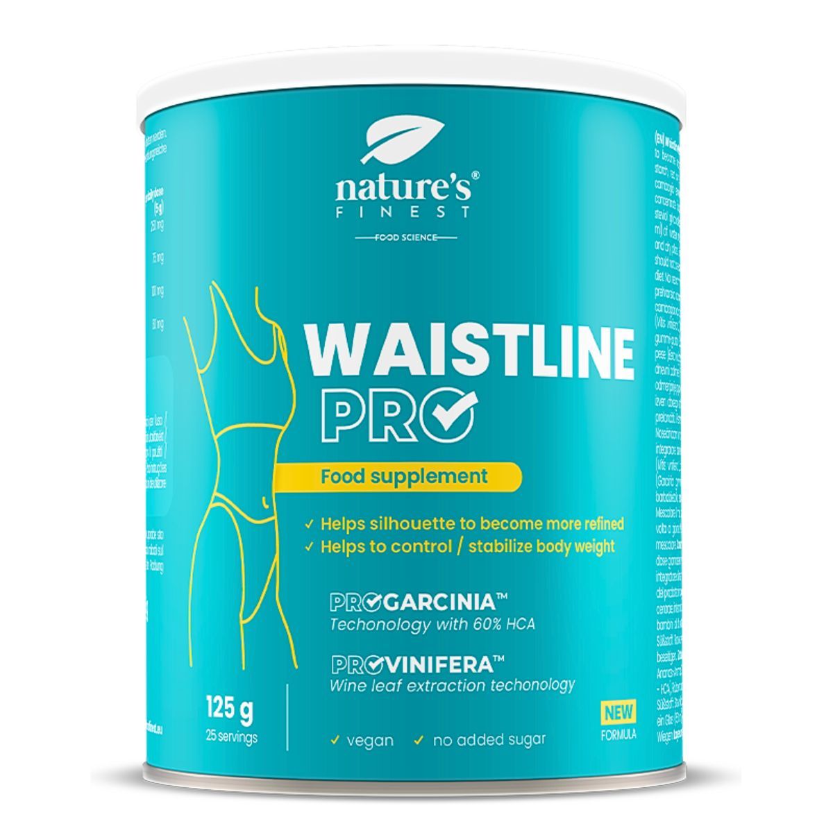 Cilindrische pot "Waistline Pro". Bevat 125g, 25 porties. Vegan, zonder toegevoegde suiker. Vrouwelijke silhouet.