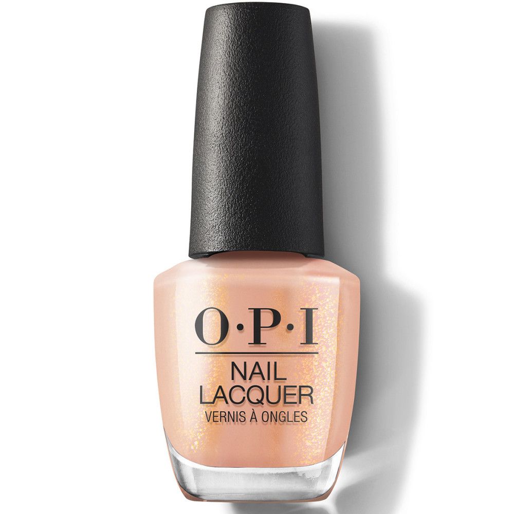 OPI nagellakfles. Beige kleur met zwarte dop. Opschrift 'Nail Lacquer'.
