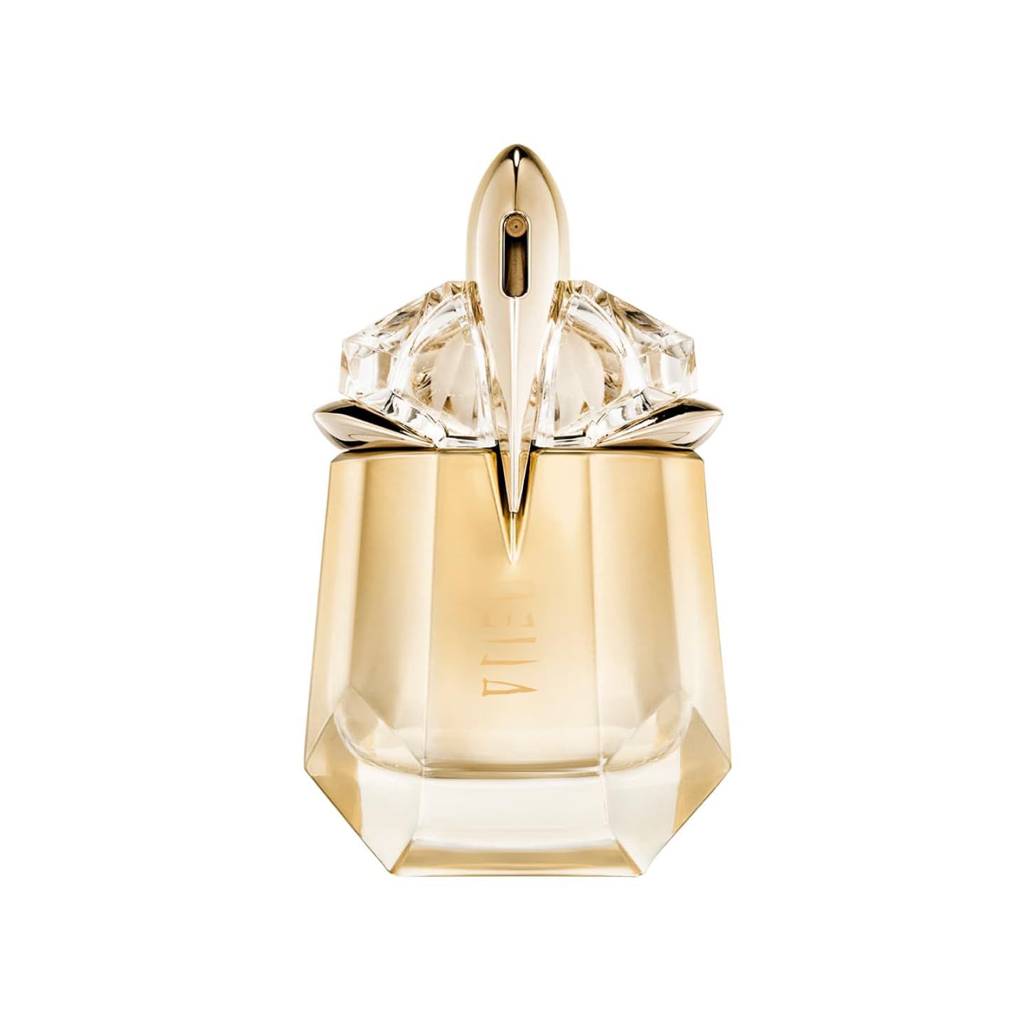 Flacon doré avec bouchon en cristal. Texte : Alien. Forme géométrique.