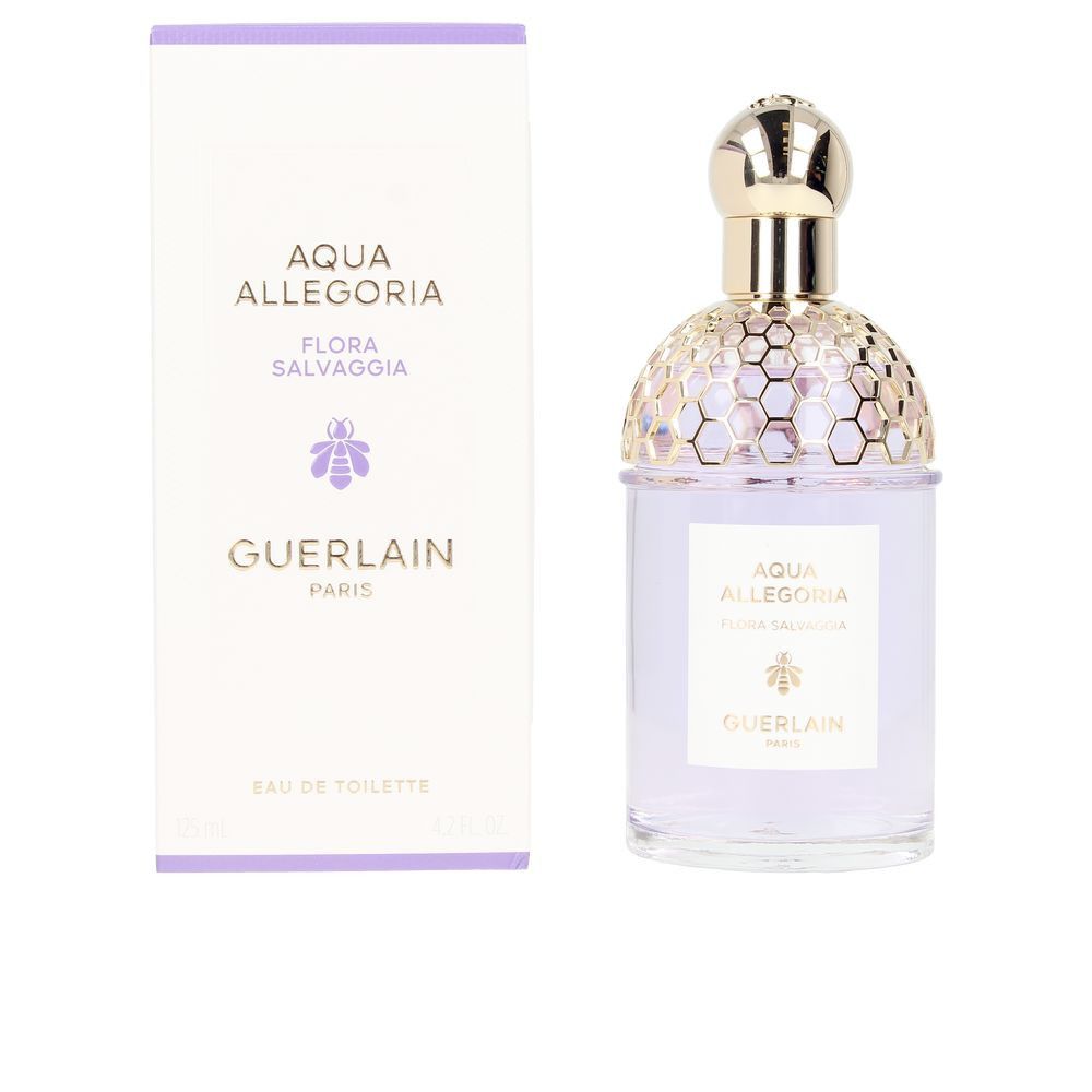 Fles en doos van Guerlain Aqua Allegoria Flora Salvaggia. Fles met gouden dop, doos wit met paarse accenten.