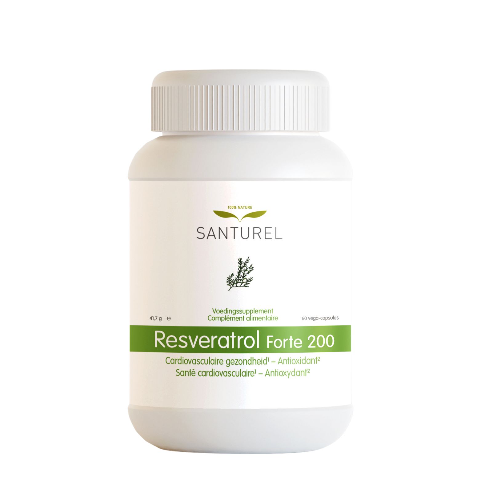 Witte fles Santurel Resvératrol Forte 200. Opschrift: Resvératrol Forte 200, 60 vegan capsules.