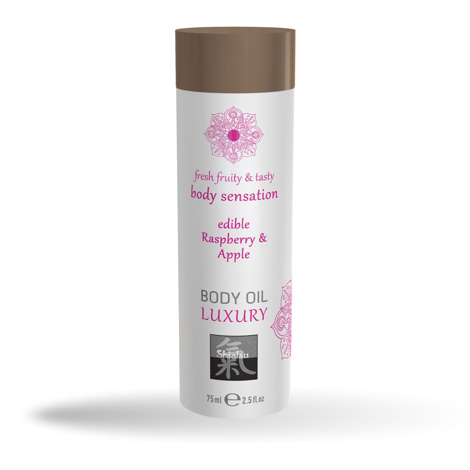 Flacon d'huile corporelle avec bouchon marron. Texte : "fresh fruity & tasty body sensation", "edible Raspberry & Apple", "BODY OIL LUXURY", "Shiatsu".