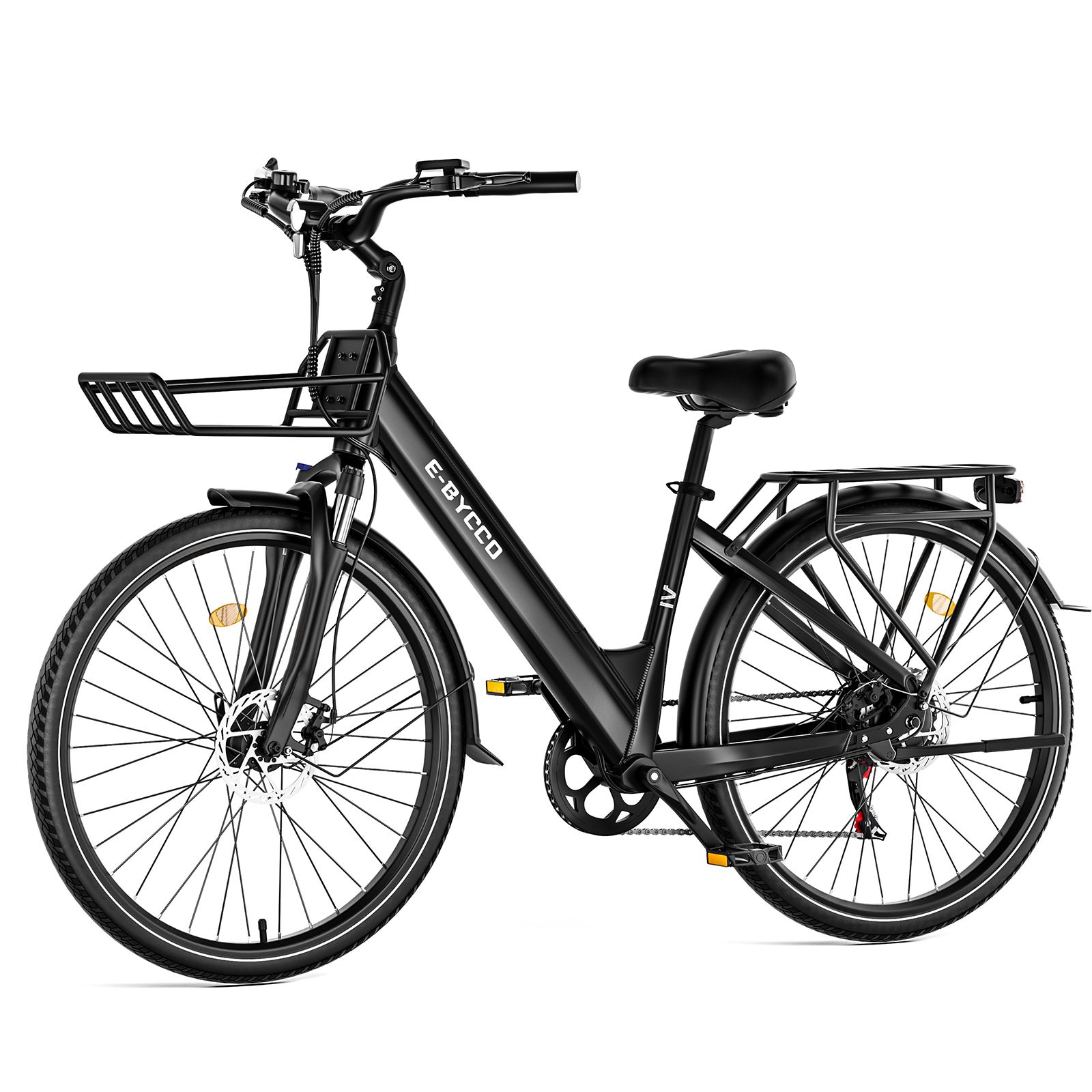 Zwarte e-bike met bagagedrager, mand en spatborden. Merk E-BYCCO.