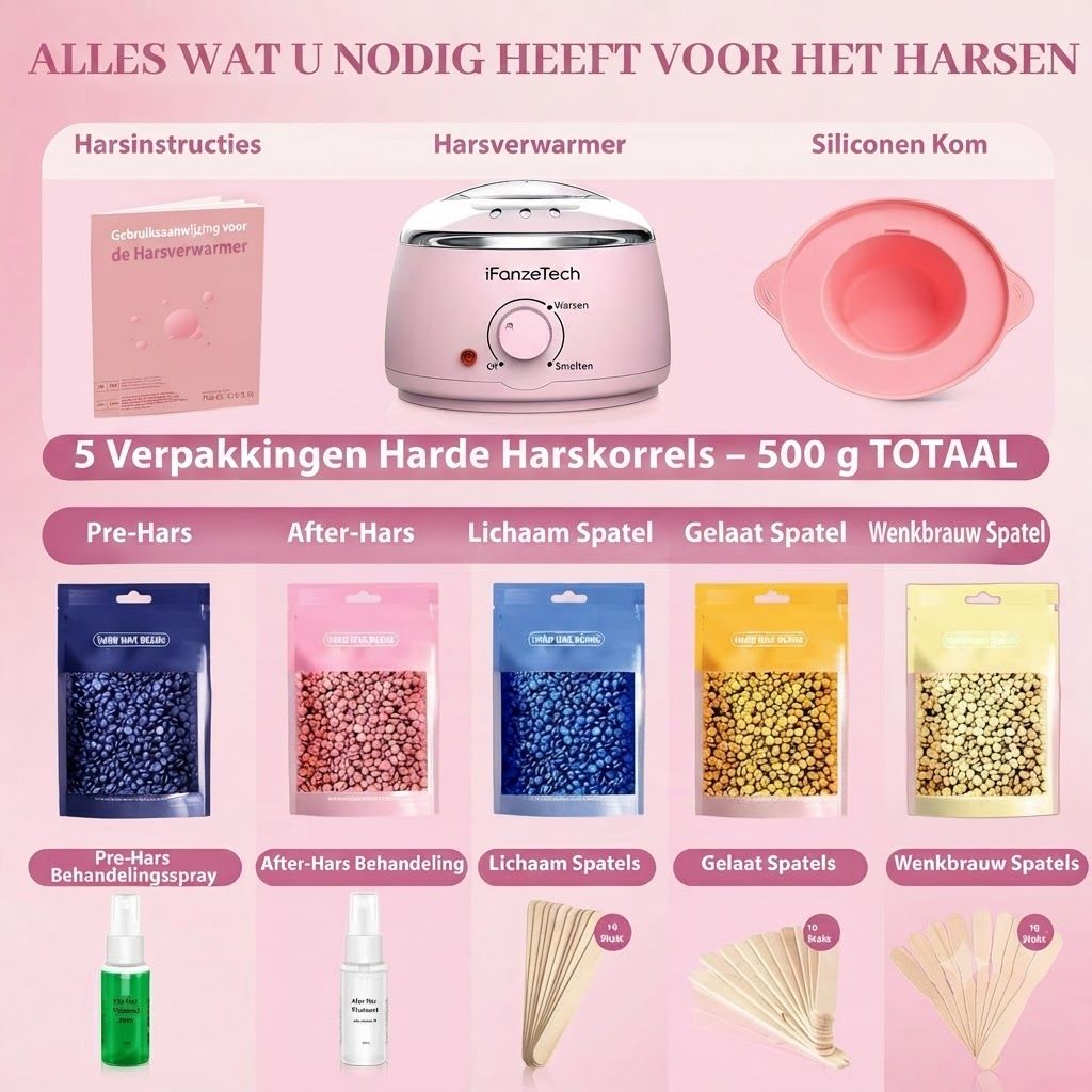 Roze waxverwarmer set met waxkorrels in diverse kleuren, spatels en sprays.