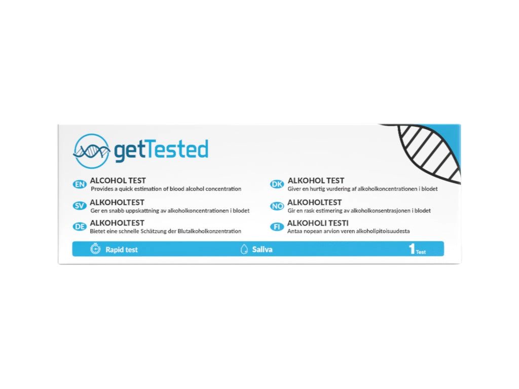 Boîte avec informations sur le produit. Inscription: getTested, ALKOHOL TEST, Rapid test, Saliva, 1 Test.
