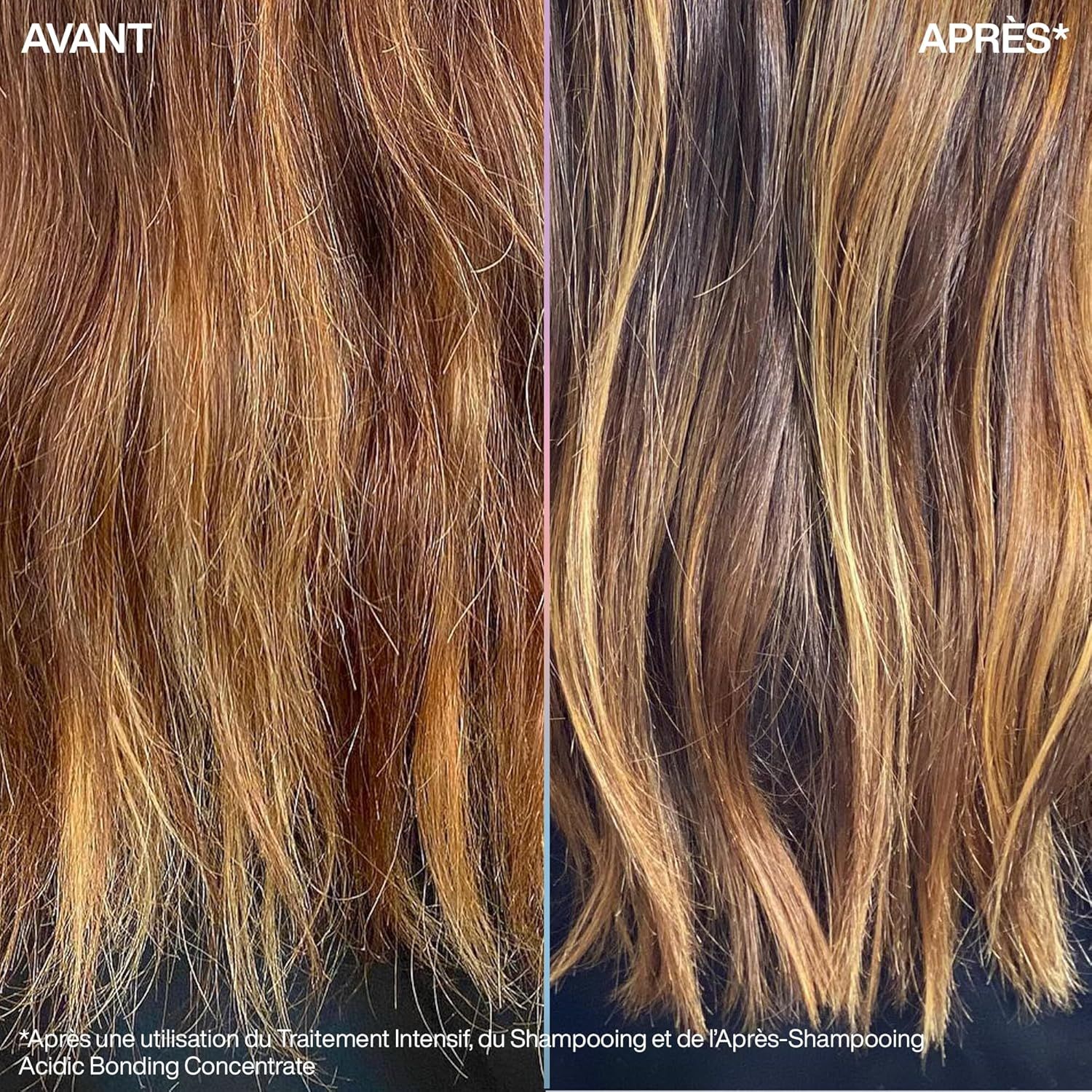 Comparaison avant-après de cheveux traités avec Redken Acidic Bonding Concentrate.