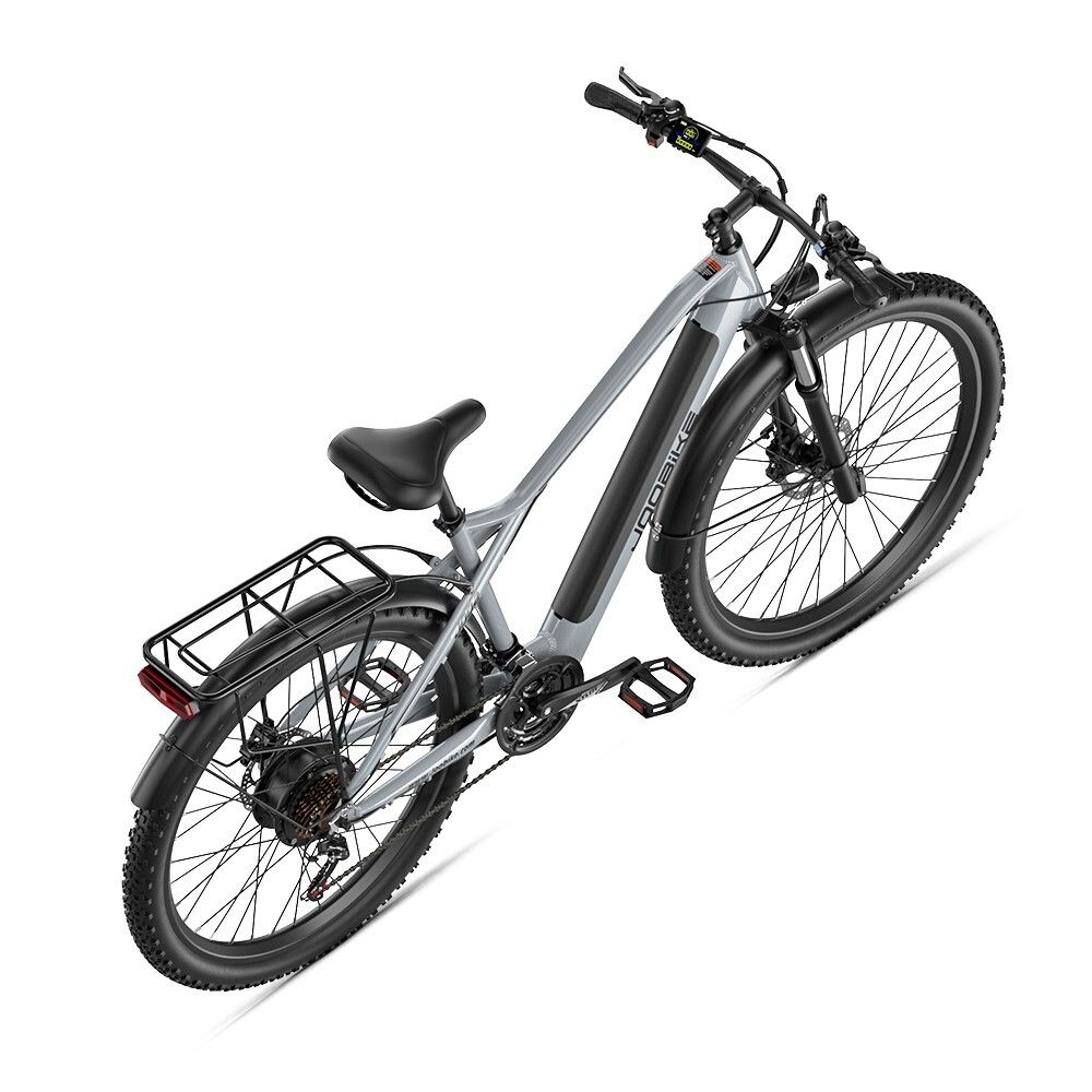 Vélo électrique gris JOOBIKE J002, 29 pouces, pneus tout-terrain, porte-bagages, garde-boue noirs.